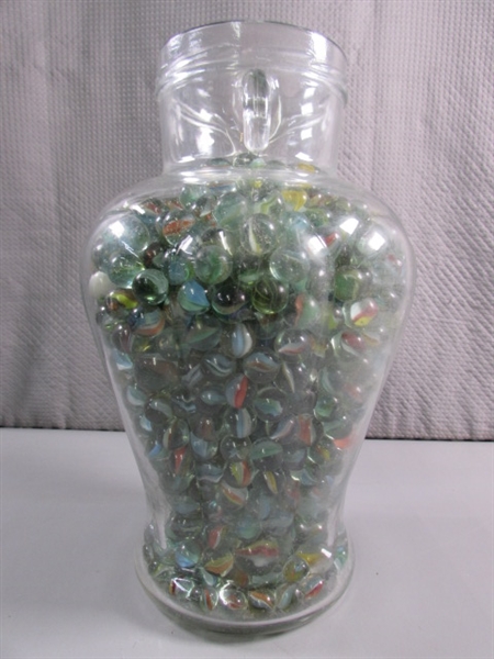 LARGE GLASS JAR OF MARBLES