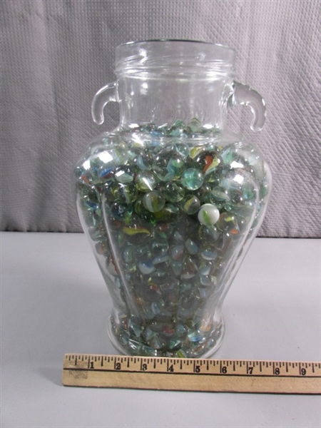 LARGE GLASS JAR OF MARBLES