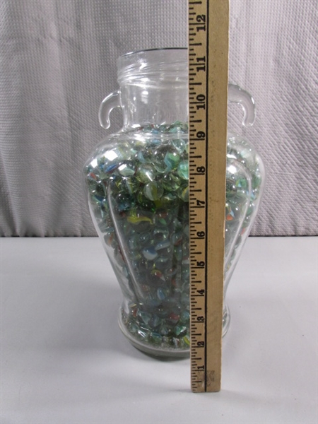 LARGE GLASS JAR OF MARBLES