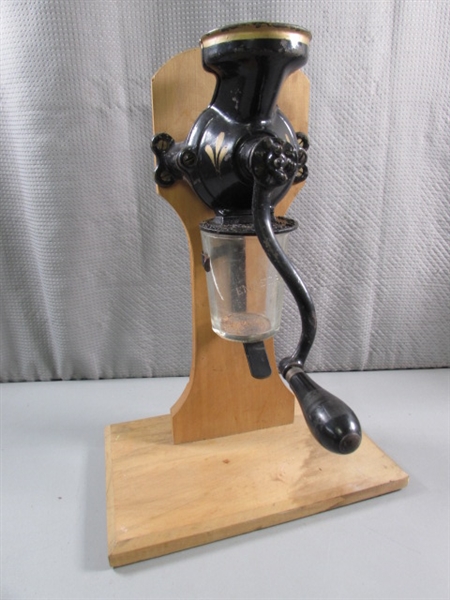 VINTAGE 'ENTERPRISE' COFFEE GRINDER ON WOODEN STAND