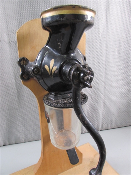 VINTAGE 'ENTERPRISE' COFFEE GRINDER ON WOODEN STAND