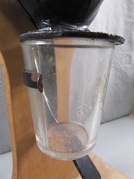 VINTAGE 'ENTERPRISE' COFFEE GRINDER ON WOODEN STAND