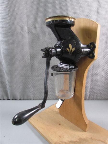 VINTAGE 'ENTERPRISE' COFFEE GRINDER ON WOODEN STAND