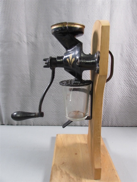 VINTAGE 'ENTERPRISE' COFFEE GRINDER ON WOODEN STAND