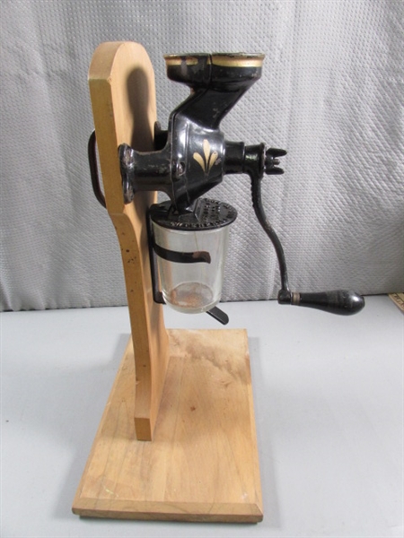 VINTAGE 'ENTERPRISE' COFFEE GRINDER ON WOODEN STAND