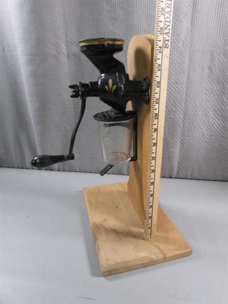 VINTAGE 'ENTERPRISE' COFFEE GRINDER ON WOODEN STAND