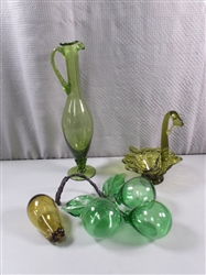 ART GLASS PITCHER/BUD VASE, PEARS, SQUASH & PRESSED GLASS SWAN CANDY DISH