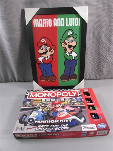 MARIO & LUIGI FRAMED PRINT & MARIO KART MONOPOLY GAMER