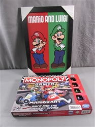 MARIO & LUIGI FRAMED PRINT & MARIO KART MONOPOLY GAMER