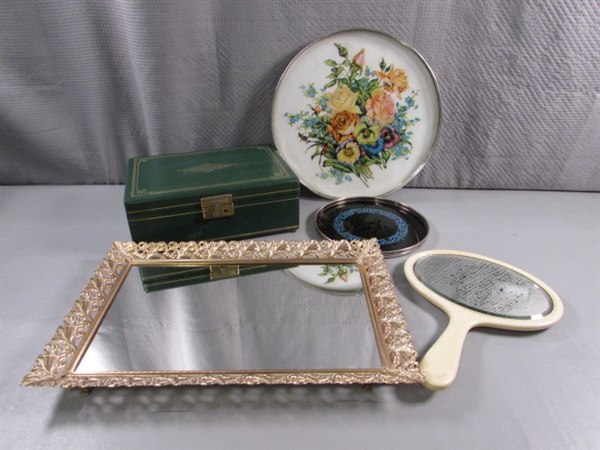 VINTAGE MUSICAL JEWELRY BOX, MIRRORED DRESSER TRAY, CELLULOID MIRROR & MORE