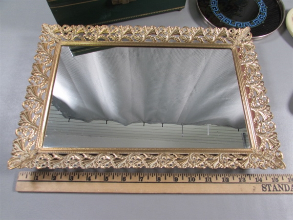 VINTAGE MUSICAL JEWELRY BOX, MIRRORED DRESSER TRAY, CELLULOID MIRROR & MORE