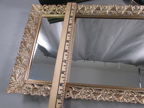 VINTAGE MUSICAL JEWELRY BOX, MIRRORED DRESSER TRAY, CELLULOID MIRROR & MORE