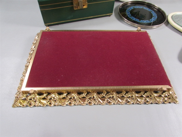 VINTAGE MUSICAL JEWELRY BOX, MIRRORED DRESSER TRAY, CELLULOID MIRROR & MORE