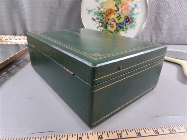 VINTAGE MUSICAL JEWELRY BOX, MIRRORED DRESSER TRAY, CELLULOID MIRROR & MORE