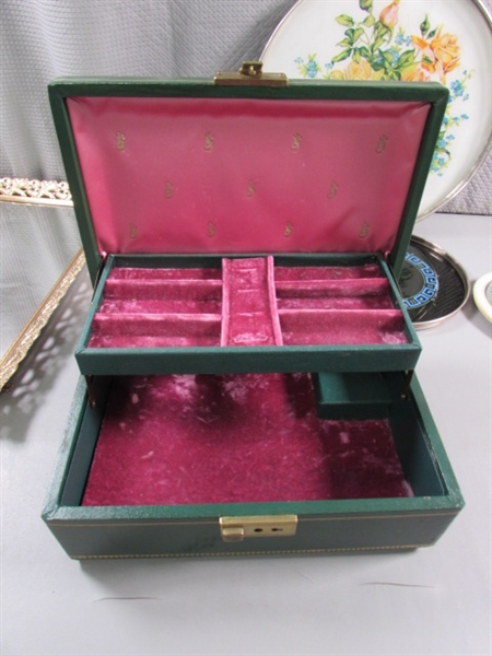 VINTAGE MUSICAL JEWELRY BOX, MIRRORED DRESSER TRAY, CELLULOID MIRROR & MORE