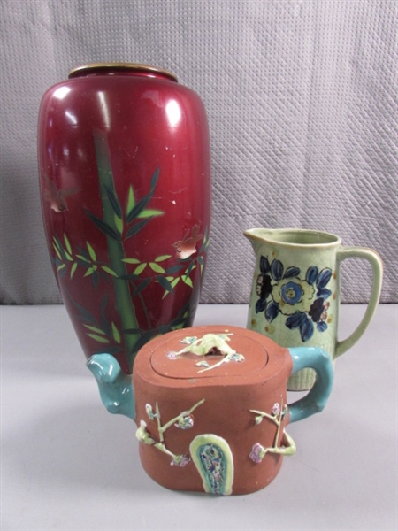 ORIENTAL LACQUERED VASE, CHINESE CLAY TEA POT & JAPANESE PITCHER