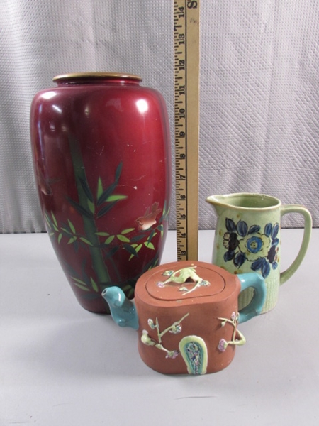 ORIENTAL LACQUERED VASE, CHINESE CLAY TEA POT & JAPANESE PITCHER