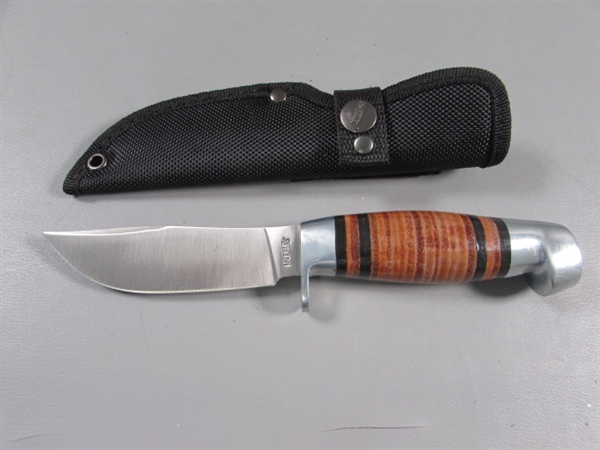 NEW 'MARBLES' KNIFE W/WOOD INLAY HANDLE & SHEATH