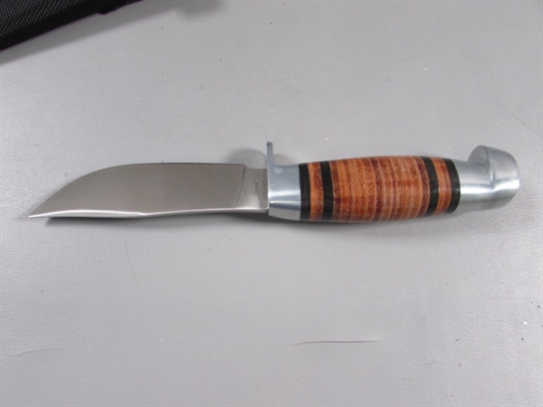 NEW 'MARBLES' KNIFE W/WOOD INLAY HANDLE & SHEATH