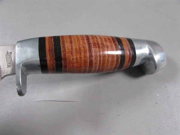 NEW 'MARBLES' KNIFE W/WOOD INLAY HANDLE & SHEATH