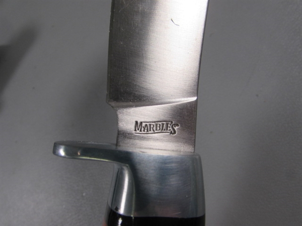 NEW 'MARBLES' KNIFE W/WOOD INLAY HANDLE & SHEATH