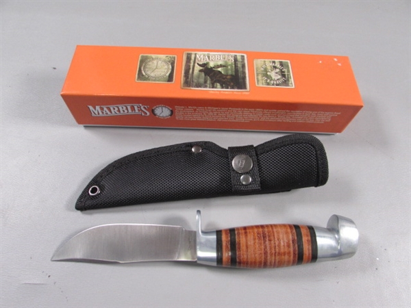 NEW 'MARBLES' KNIFE W/WOOD INLAY HANDLE & SHEATH