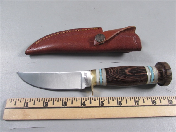 NEW 'MARBLES' KNIFE W/WOOD & TURQUOISE INLAY HANDLE & LEATHER SHEATH