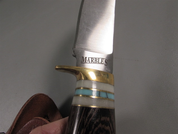 NEW 'MARBLES' KNIFE W/WOOD & TURQUOISE INLAY HANDLE & LEATHER SHEATH