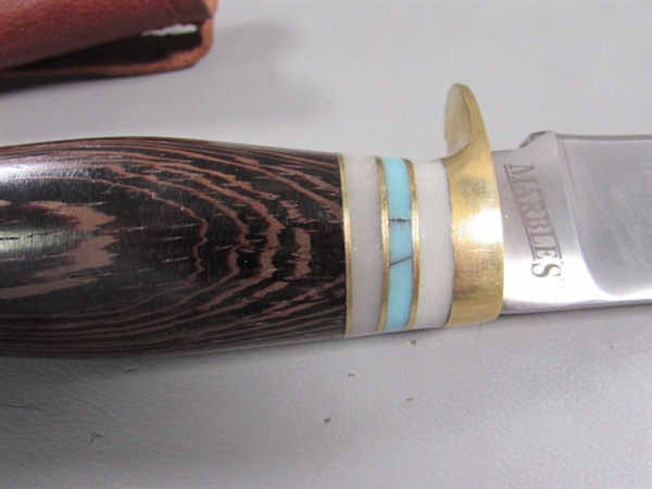 NEW 'MARBLES' KNIFE W/WOOD & TURQUOISE INLAY HANDLE & LEATHER SHEATH