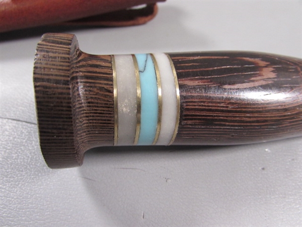 NEW 'MARBLES' KNIFE W/WOOD & TURQUOISE INLAY HANDLE & LEATHER SHEATH