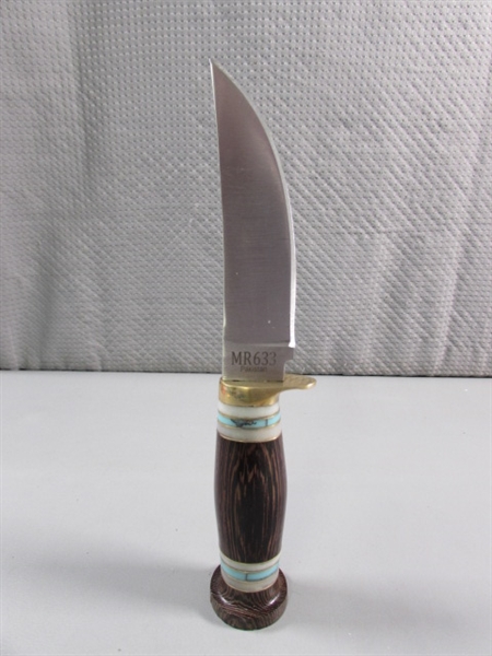 NEW 'MARBLES' KNIFE W/WOOD & TURQUOISE INLAY HANDLE & LEATHER SHEATH