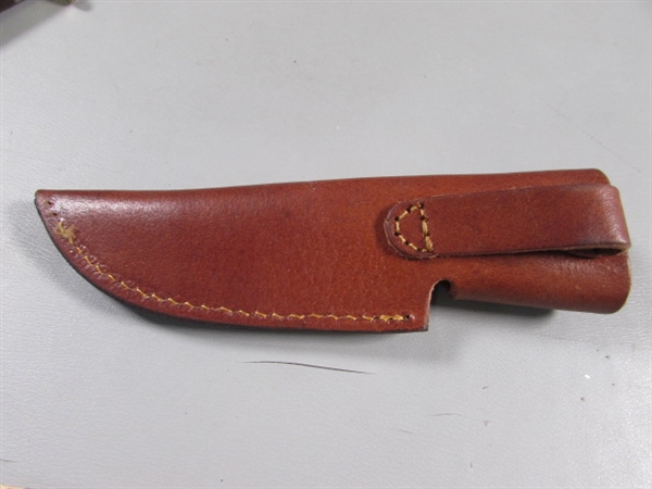 NEW 'MARBLES' KNIFE W/WOOD & TURQUOISE INLAY HANDLE & LEATHER SHEATH