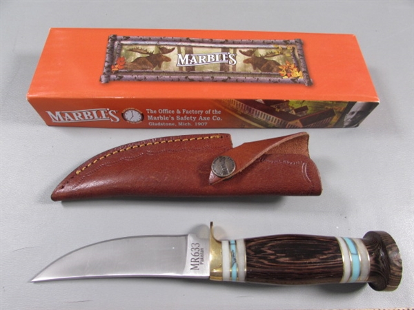 NEW 'MARBLES' KNIFE W/WOOD & TURQUOISE INLAY HANDLE & LEATHER SHEATH