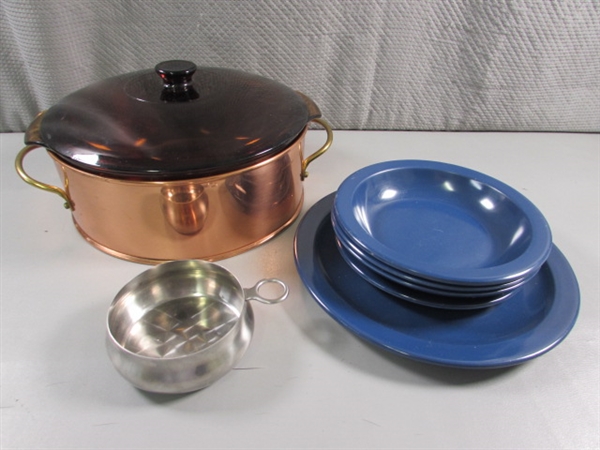 ANCHOR HOCKING FIRE KING CASSEROLE W/COPPER BASE & MORE