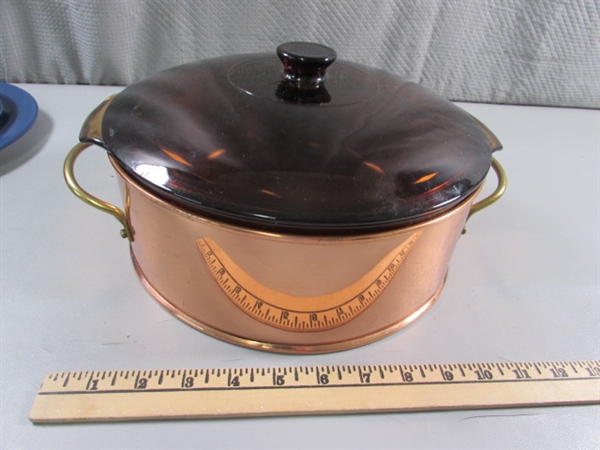 ANCHOR HOCKING FIRE KING CASSEROLE W/COPPER BASE & MORE