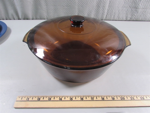 ANCHOR HOCKING FIRE KING CASSEROLE W/COPPER BASE & MORE