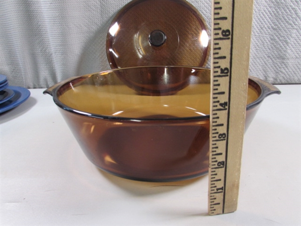 ANCHOR HOCKING FIRE KING CASSEROLE W/COPPER BASE & MORE