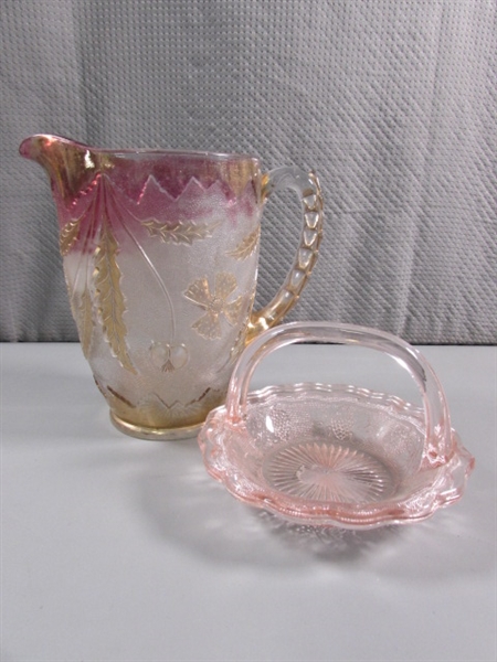 VINTAGE GLASS PITCHER & HANDLED CANDY DISH