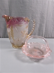 VINTAGE GLASS PITCHER & HANDLED CANDY DISH