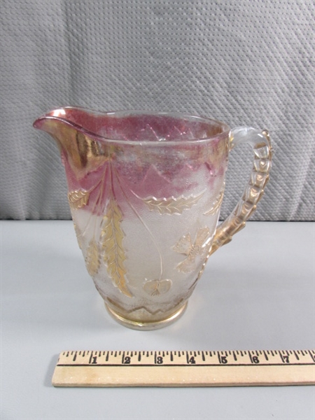 VINTAGE GLASS PITCHER & HANDLED CANDY DISH