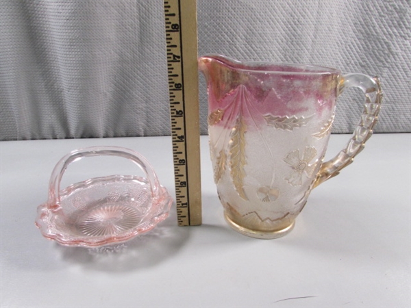 VINTAGE GLASS PITCHER & HANDLED CANDY DISH