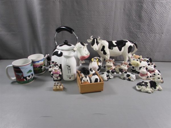 DAIRY COW COLLECTION - TEA KETTLE , SUGAR, CREAMER FIGURINES & MORE