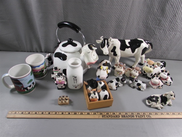 DAIRY COW COLLECTION - TEA KETTLE , SUGAR, CREAMER FIGURINES & MORE