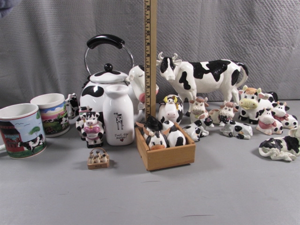 DAIRY COW COLLECTION - TEA KETTLE , SUGAR, CREAMER FIGURINES & MORE