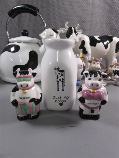 DAIRY COW COLLECTION - TEA KETTLE , SUGAR, CREAMER FIGURINES & MORE