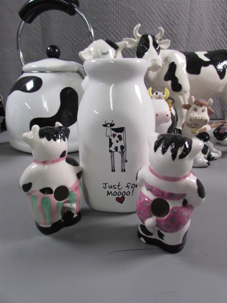 DAIRY COW COLLECTION - TEA KETTLE , SUGAR, CREAMER FIGURINES & MORE