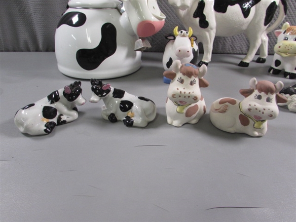 DAIRY COW COLLECTION - TEA KETTLE , SUGAR, CREAMER FIGURINES & MORE