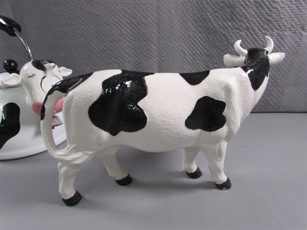 DAIRY COW COLLECTION - TEA KETTLE , SUGAR, CREAMER FIGURINES & MORE