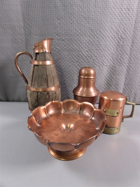 COPPER CANDY DISH, SALT & CHEESE SHAKERS & RUSTIC WOODEN PITCHER