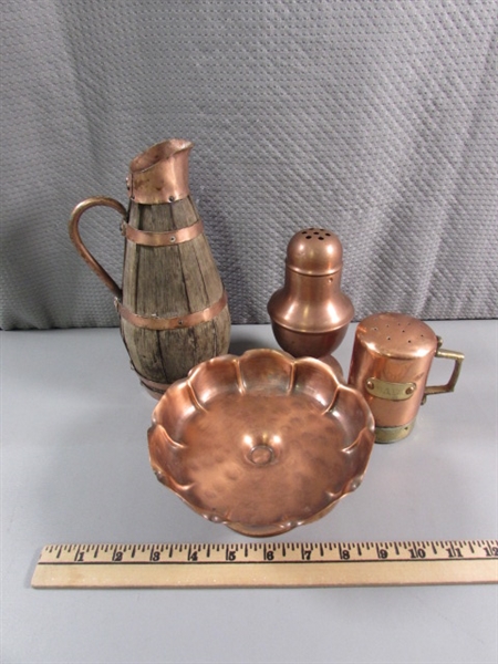 COPPER CANDY DISH, SALT & CHEESE SHAKERS & RUSTIC WOODEN PITCHER